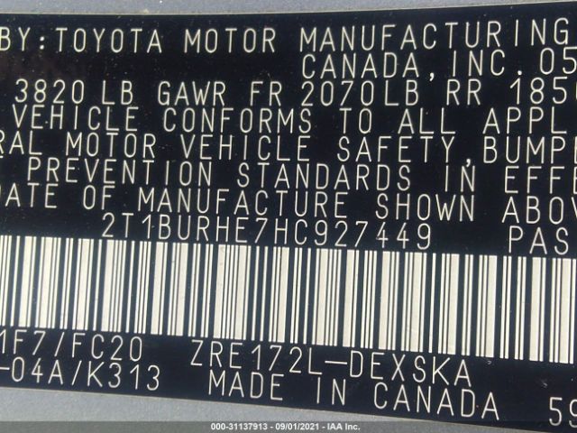 Photo 8 VIN: 2T1BURHE7HC927449 - TOYOTA COROLLA 