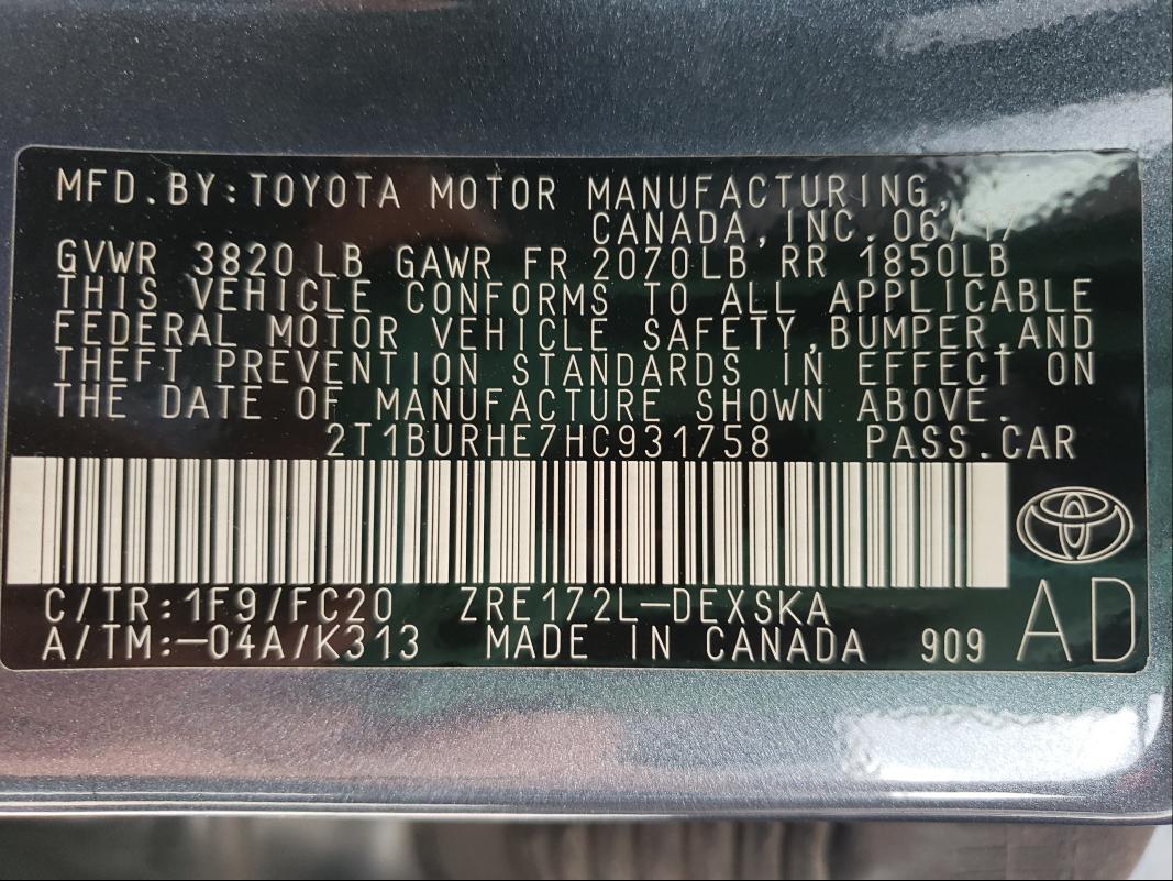 Photo 9 VIN: 2T1BURHE7HC931758 - TOYOTA COROLLA L 