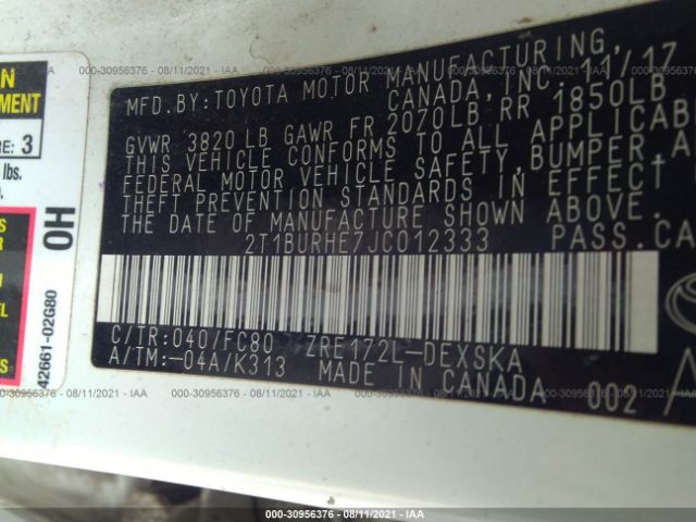 Photo 8 VIN: 2T1BURHE7JC012333 - TOYOTA COROLLA 