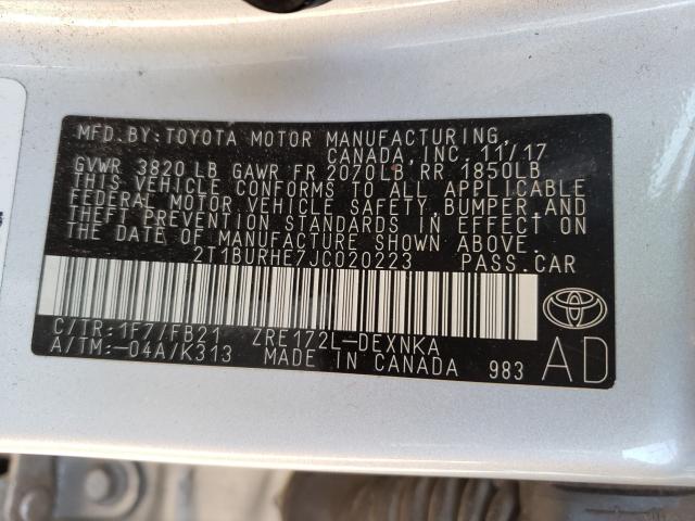 Photo 9 VIN: 2T1BURHE7JC020223 - TOYOTA COROLLA L 