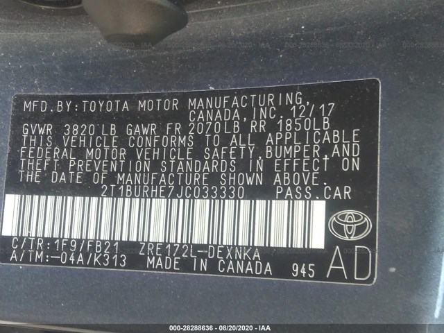 Photo 8 VIN: 2T1BURHE7JC033330 - TOYOTA COROLLA 