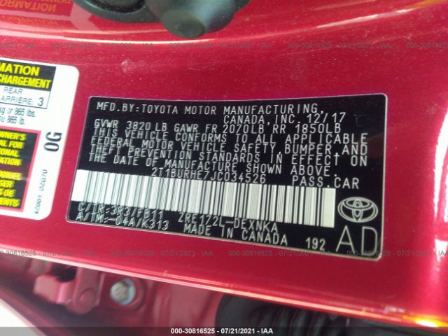 Photo 8 VIN: 2T1BURHE7JC034526 - TOYOTA COROLLA 