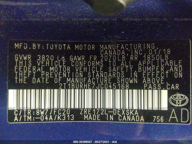 Photo 8 VIN: 2T1BURHE7JC045168 - TOYOTA COROLLA 