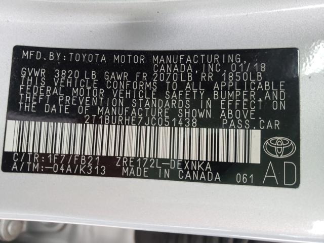 Photo 9 VIN: 2T1BURHE7JC051438 - TOYOTA COROLLA L 