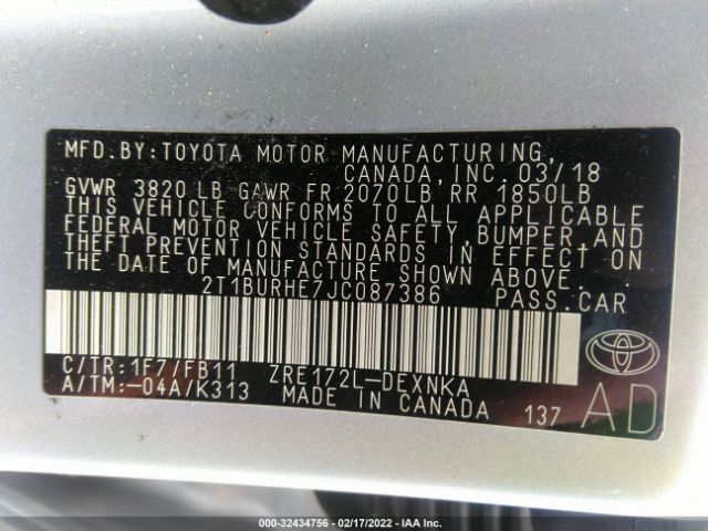 Photo 8 VIN: 2T1BURHE7JC087386 - TOYOTA COROLLA 