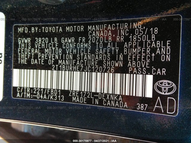 Photo 8 VIN: 2T1BURHE7JC120726 - TOYOTA COROLLA 