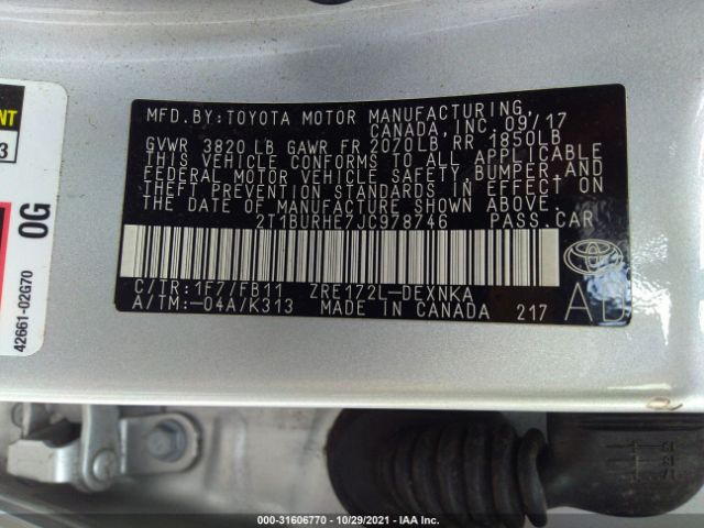 Photo 8 VIN: 2T1BURHE7JC978746 - TOYOTA COROLLA 