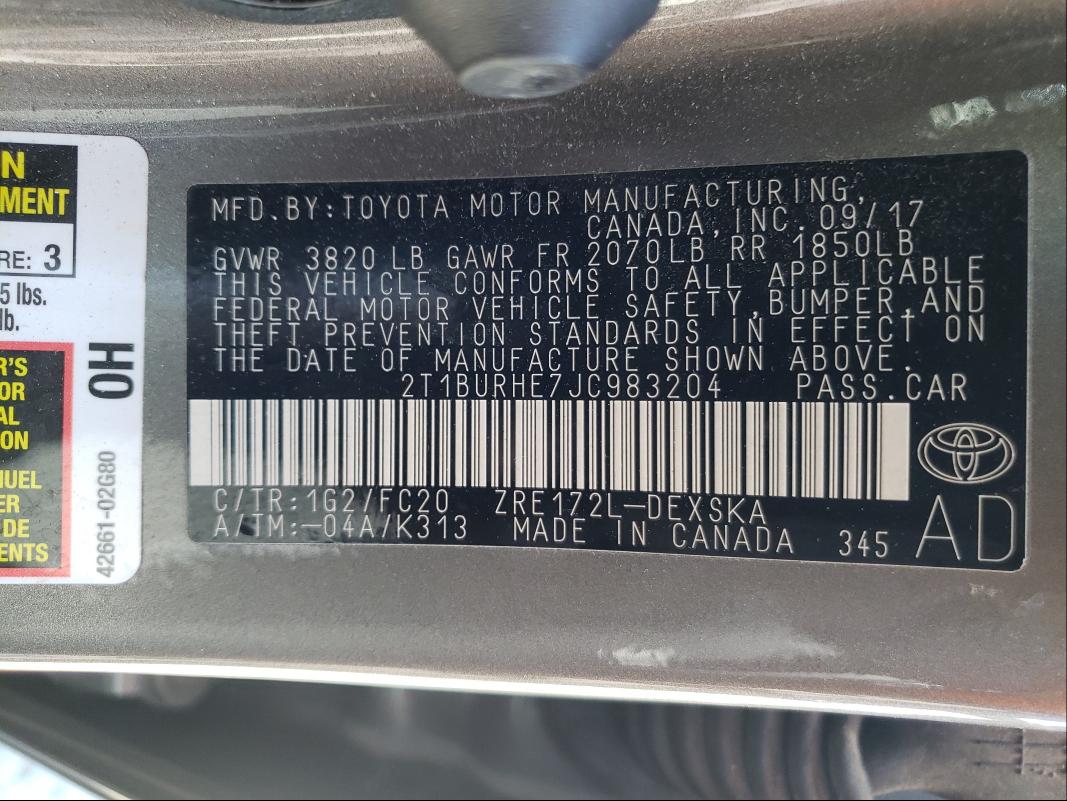 Photo 9 VIN: 2T1BURHE7JC983204 - TOYOTA COROLLA L 