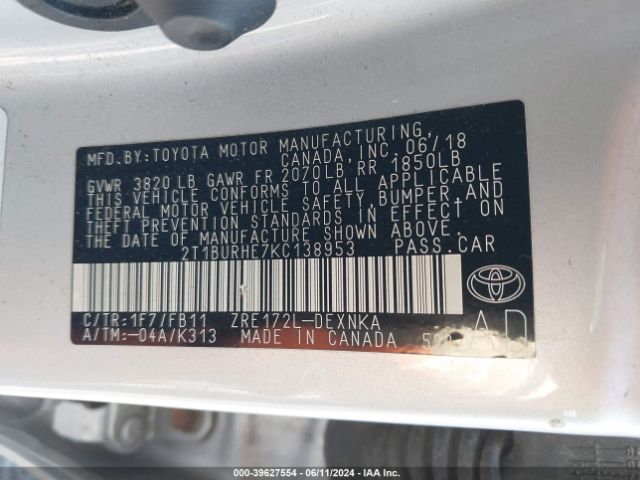 Photo 8 VIN: 2T1BURHE7KC138953 - TOYOTA COROLLA 