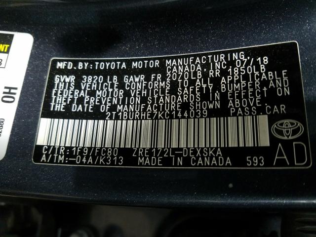 Photo 9 VIN: 2T1BURHE7KC144039 - TOYOTA COROLLA L 