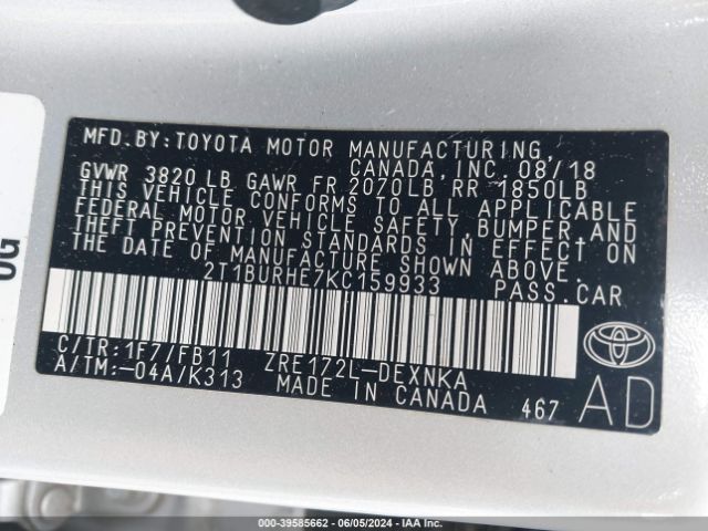 Photo 8 VIN: 2T1BURHE7KC159933 - TOYOTA COROLLA 