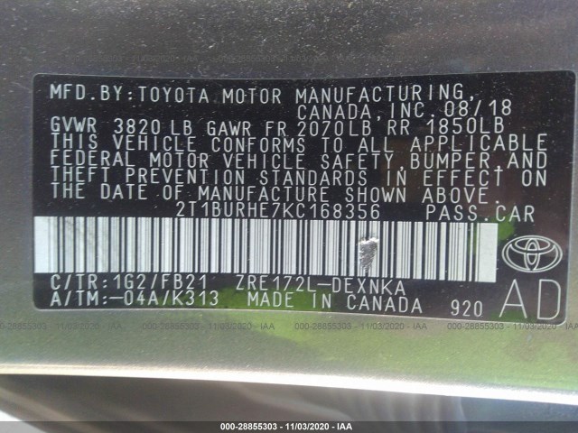 Photo 8 VIN: 2T1BURHE7KC168356 - TOYOTA COROLLA 