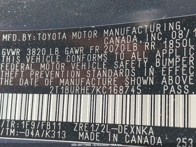 Photo 8 VIN: 2T1BURHE7KC168745 - TOYOTA COROLLA 