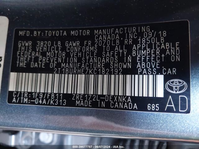 Photo 8 VIN: 2T1BURHE7KC182192 - TOYOTA COROLLA 