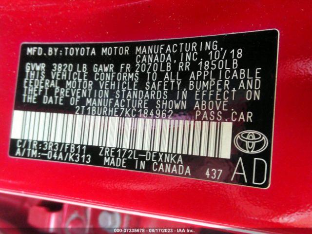 Photo 8 VIN: 2T1BURHE7KC184962 - TOYOTA COROLLA 