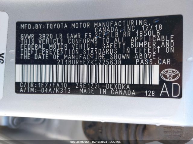 Photo 8 VIN: 2T1BURHE7KC225638 - TOYOTA COROLLA 