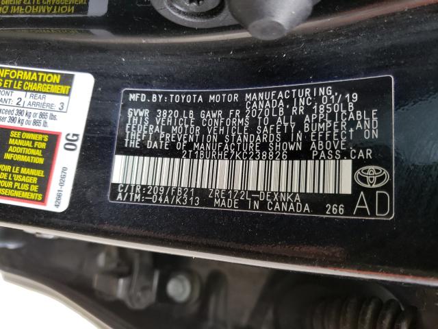 Photo 9 VIN: 2T1BURHE7KC238826 - TOYOTA COROLLA L 