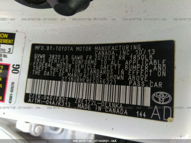 Photo 8 VIN: 2T1BURHE8EC046321 - TOYOTA COROLLA 