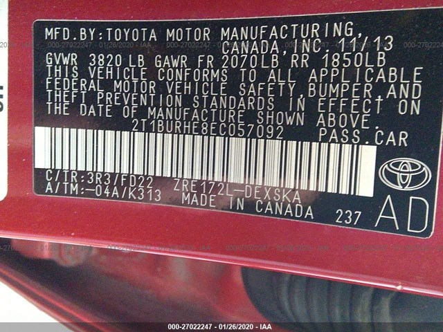 Photo 8 VIN: 2T1BURHE8EC057092 - TOYOTA COROLLA 