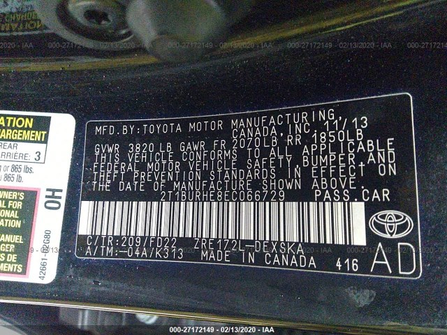 Photo 8 VIN: 2T1BURHE8EC066729 - TOYOTA COROLLA 