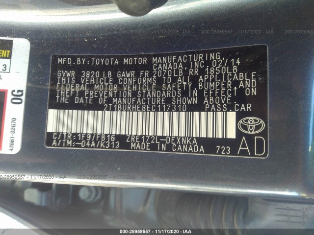 Photo 8 VIN: 2T1BURHE8EC117310 - TOYOTA COROLLA 