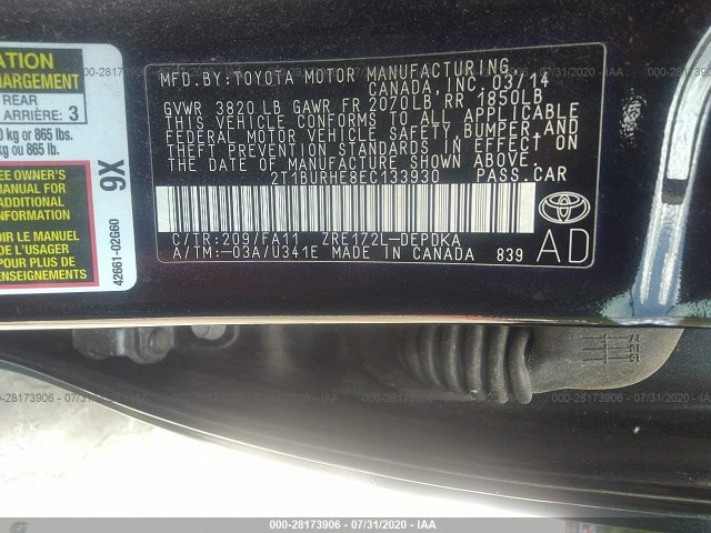 Photo 8 VIN: 2T1BURHE8EC133930 - TOYOTA COROLLA 