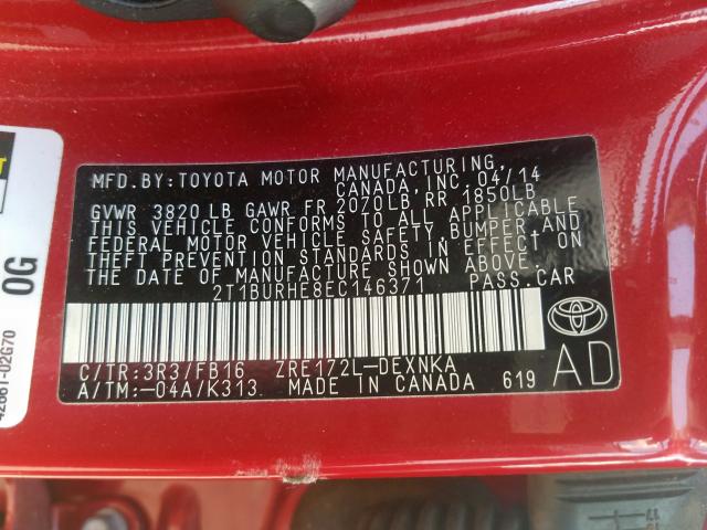 Photo 9 VIN: 2T1BURHE8EC146371 - TOYOTA COROLLA L 