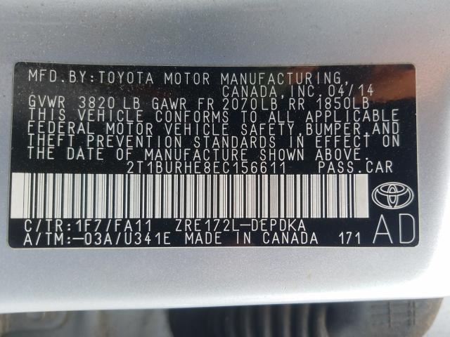 Photo 9 VIN: 2T1BURHE8EC156611 - TOYOTA COROLLA L 