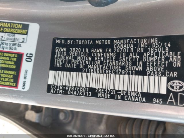 Photo 8 VIN: 2T1BURHE8EC179211 - TOYOTA COROLLA 