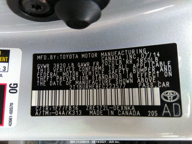 Photo 8 VIN: 2T1BURHE8EC223577 - TOYOTA COROLLA 