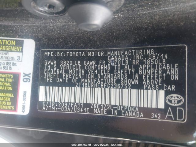 Photo 8 VIN: 2T1BURHE8FC236752 - TOYOTA COROLLA 