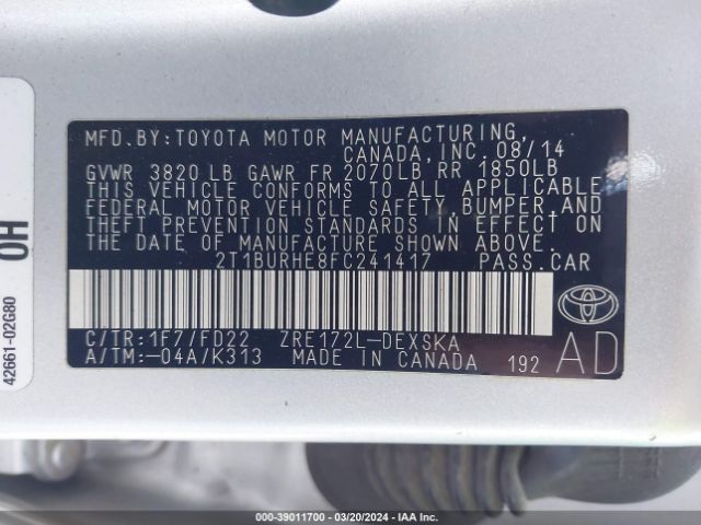 Photo 8 VIN: 2T1BURHE8FC241417 - TOYOTA COROLLA 