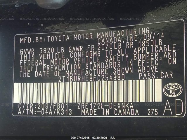 Photo 8 VIN: 2T1BURHE8FC254880 - TOYOTA COROLLA 