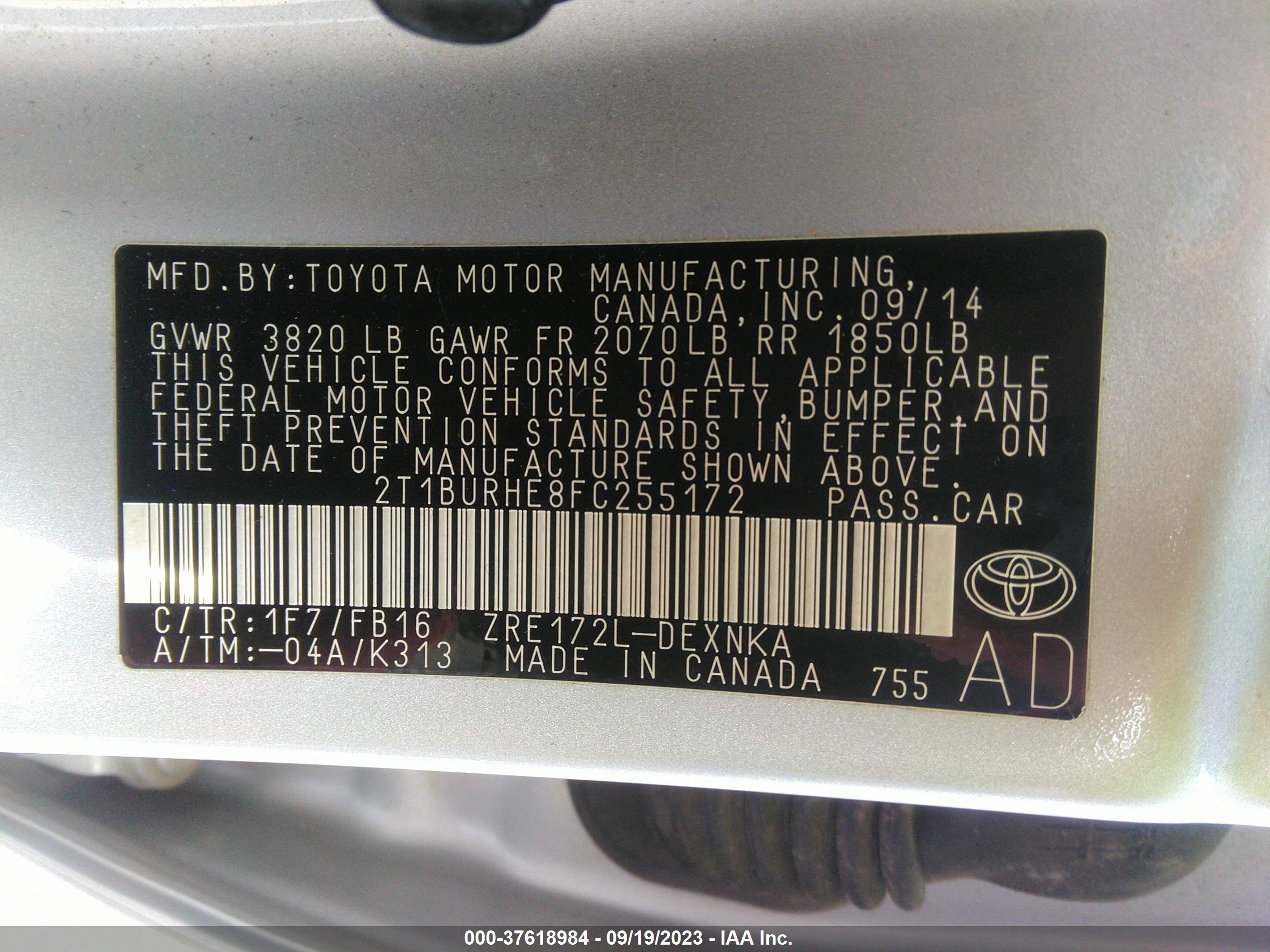 Photo 8 VIN: 2T1BURHE8FC255172 - TOYOTA COROLLA 