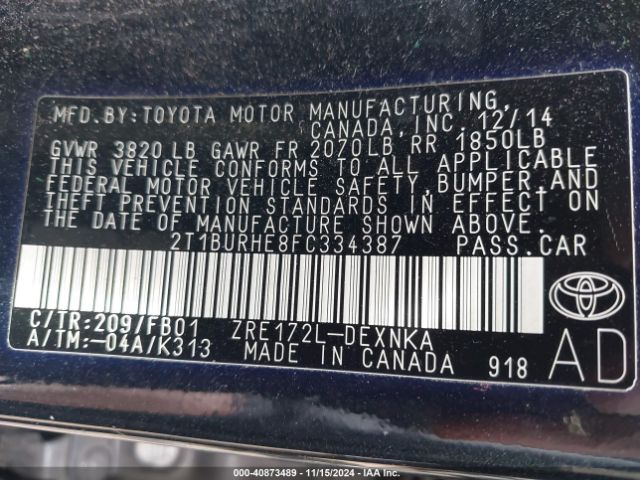 Photo 8 VIN: 2T1BURHE8FC334387 - TOYOTA COROLLA 