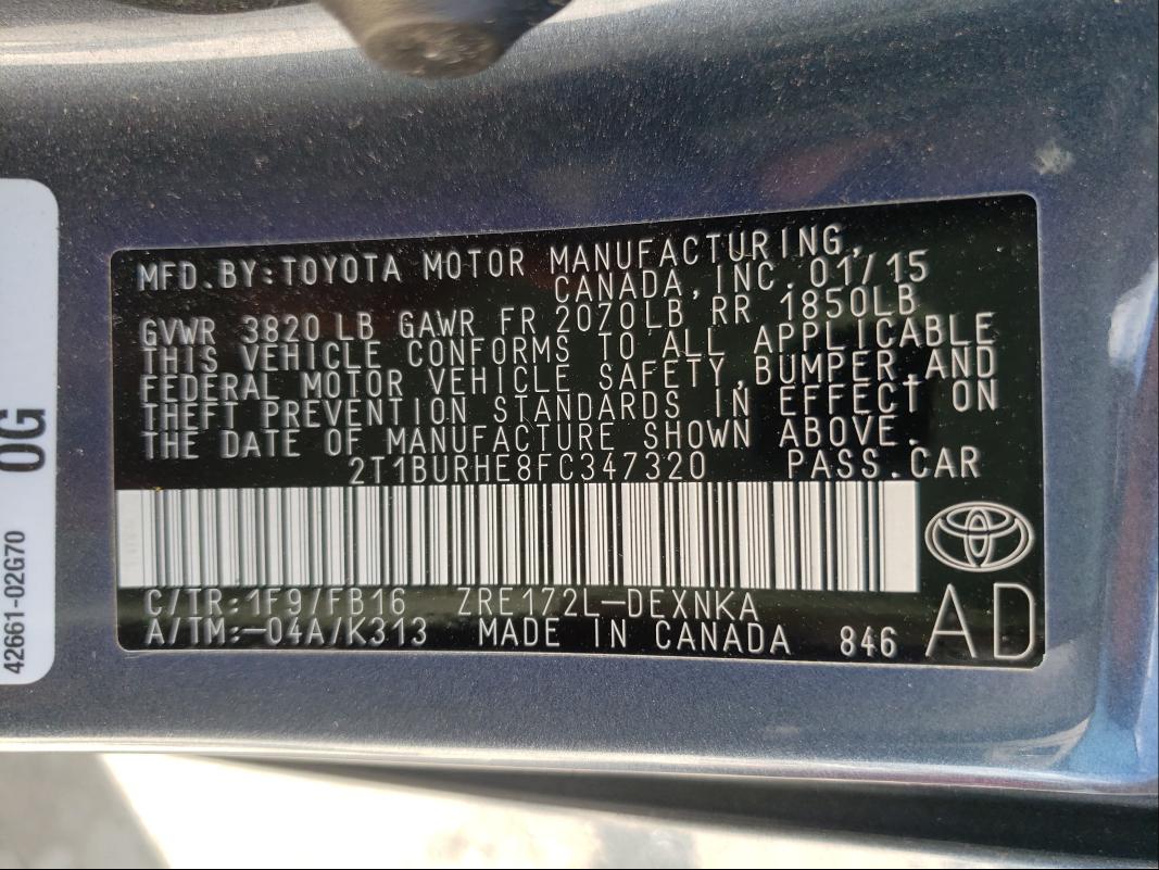 Photo 9 VIN: 2T1BURHE8FC347320 - TOYOTA COROLLA L 