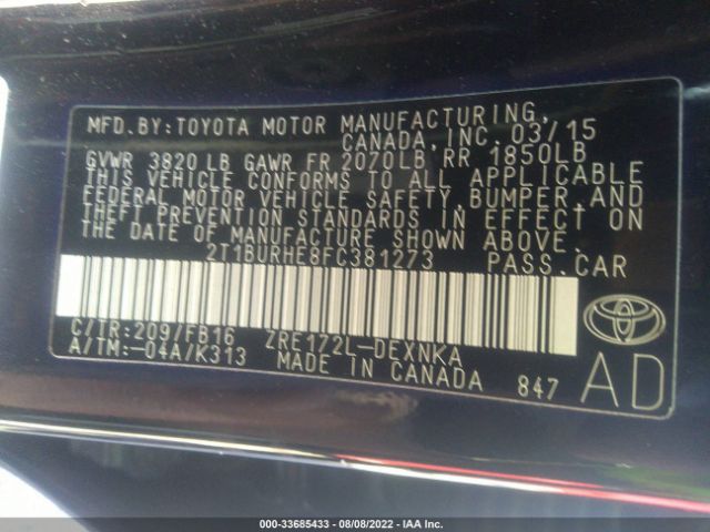 Photo 8 VIN: 2T1BURHE8FC381273 - TOYOTA COROLLA 