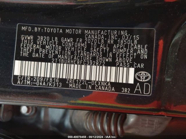 Photo 8 VIN: 2T1BURHE8FC392872 - TOYOTA COROLLA 