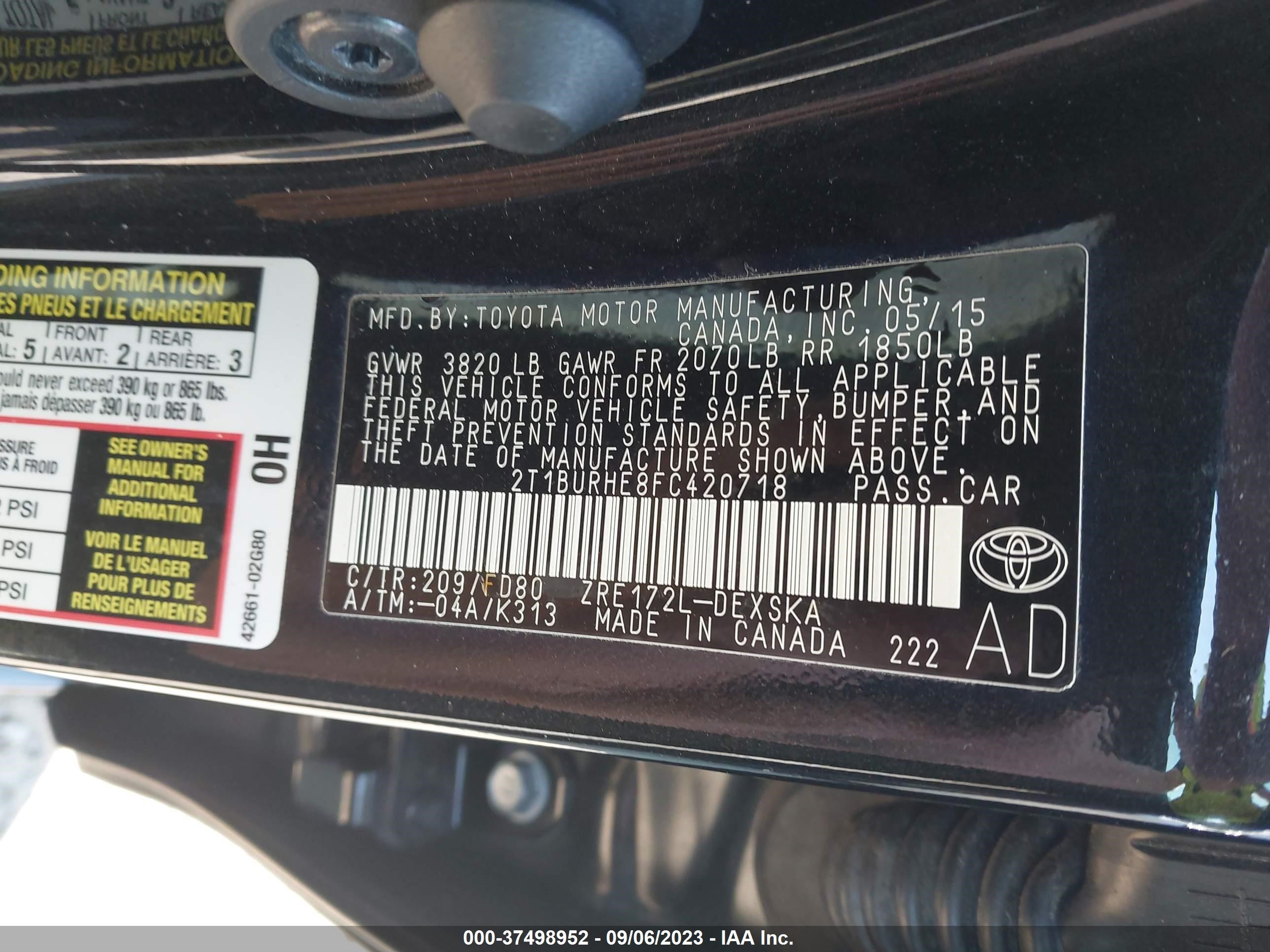 Photo 8 VIN: 2T1BURHE8FC420718 - TOYOTA COROLLA 