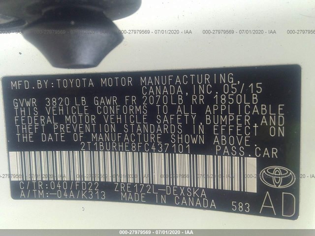 Photo 8 VIN: 2T1BURHE8FC437101 - TOYOTA COROLLA 