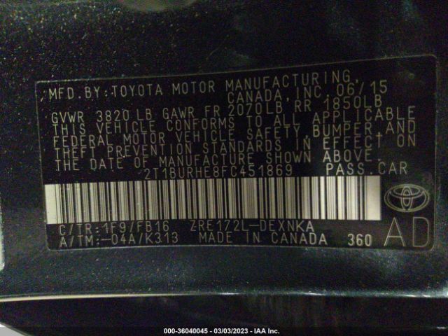 Photo 8 VIN: 2T1BURHE8FC451869 - TOYOTA COROLLA 