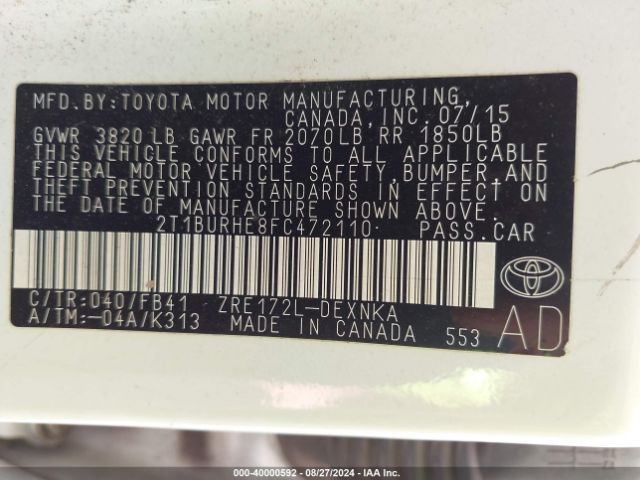 Photo 8 VIN: 2T1BURHE8FC472110 - TOYOTA COROLLA 