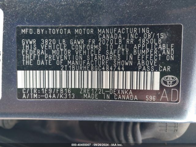 Photo 8 VIN: 2T1BURHE8GC484744 - TOYOTA COROLLA 