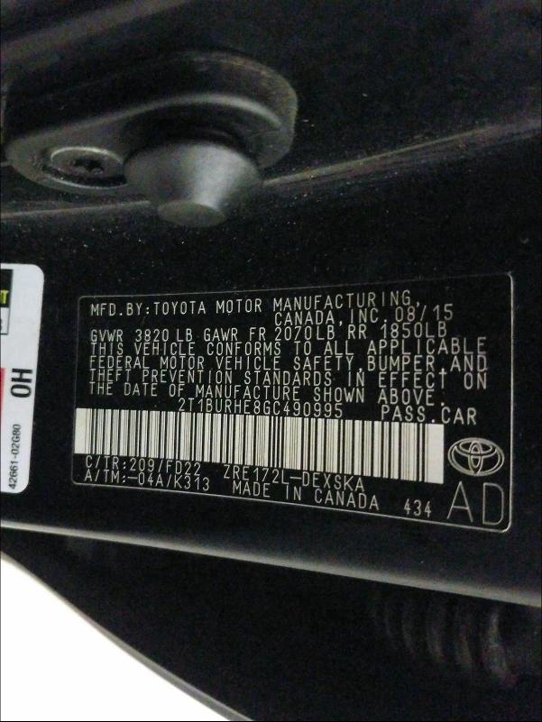 Photo 9 VIN: 2T1BURHE8GC490995 - TOYOTA COROLLA L 