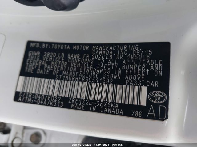 Photo 8 VIN: 2T1BURHE8GC511392 - TOYOTA COROLLA 