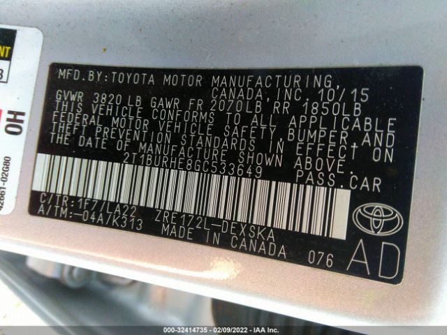 Photo 8 VIN: 2T1BURHE8GC533649 - TOYOTA COROLLA 