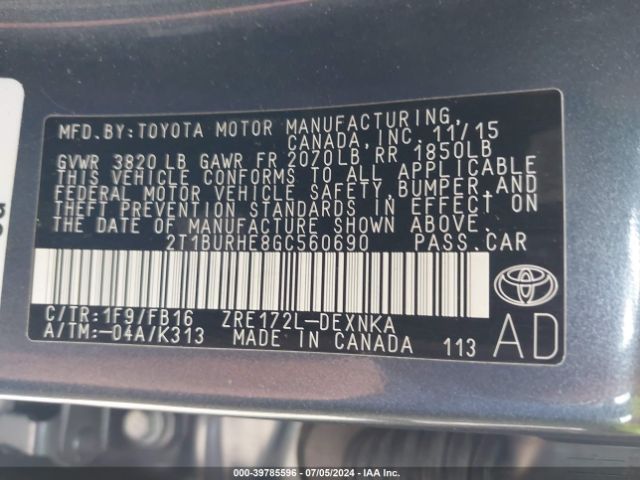 Photo 8 VIN: 2T1BURHE8GC560690 - TOYOTA COROLLA 