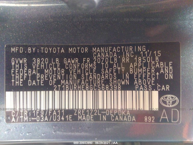 Photo 8 VIN: 2T1BURHE8GC568398 - TOYOTA COROLLA 