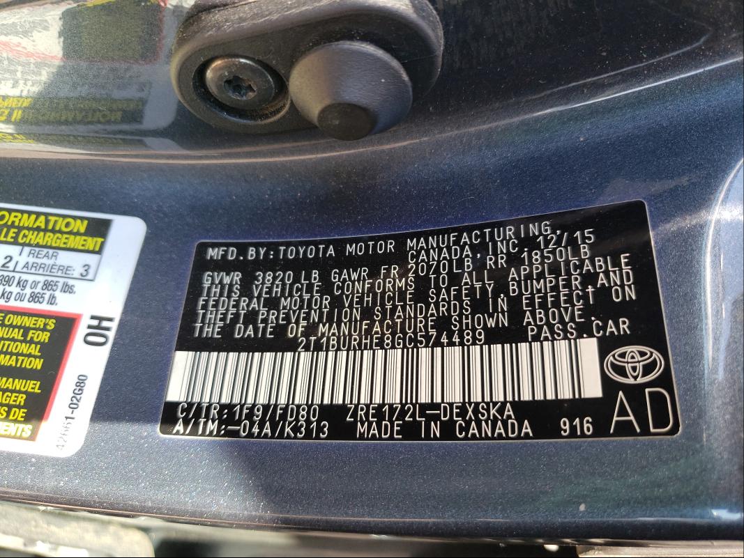 Photo 9 VIN: 2T1BURHE8GC574489 - TOYOTA COROLLA L 