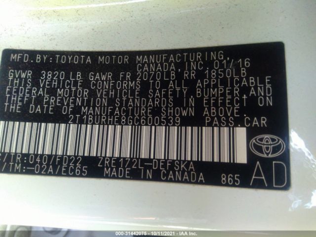 Photo 8 VIN: 2T1BURHE8GC600539 - TOYOTA COROLLA 